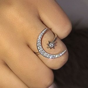 * Silver Crescent Moon & Star Resizeable Ring